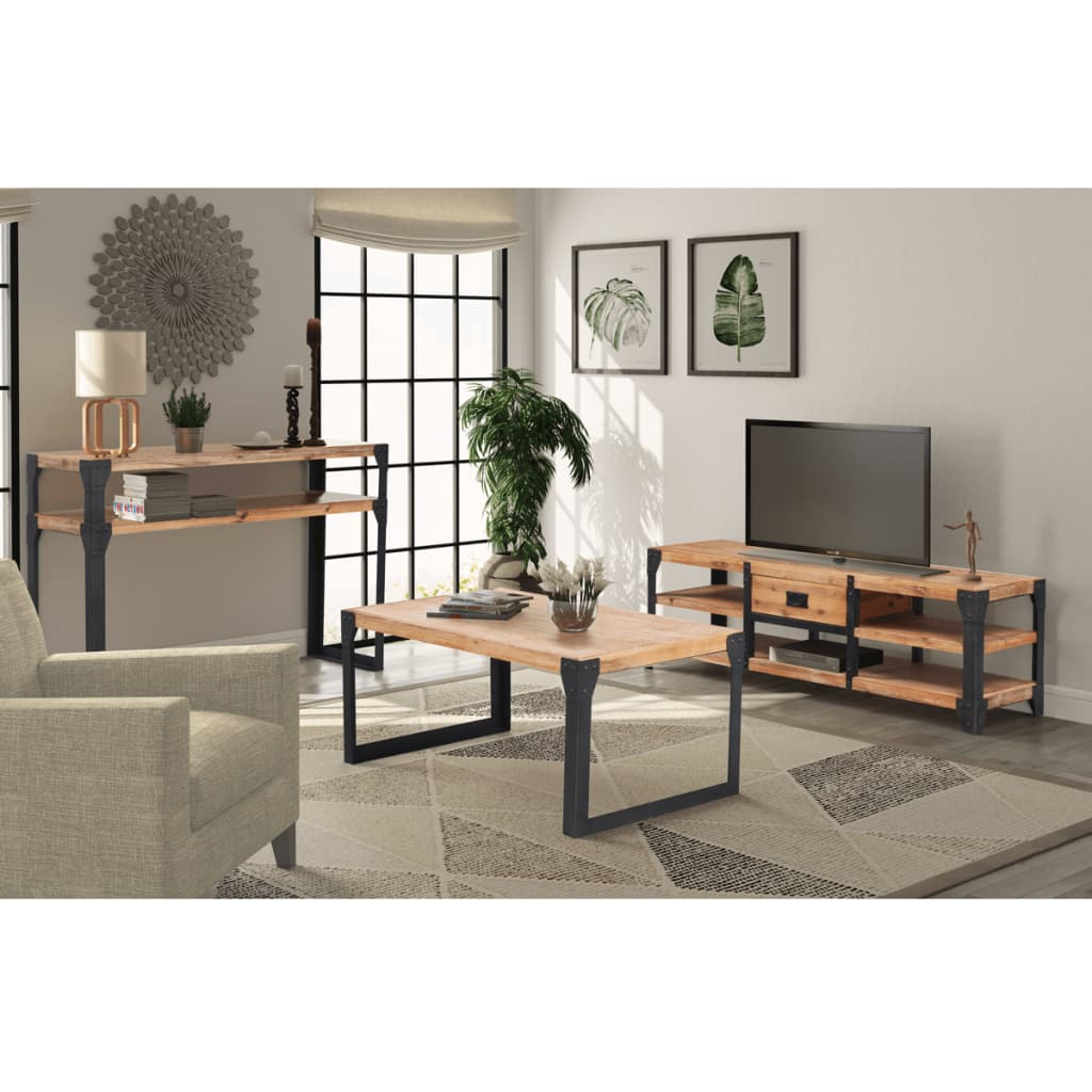 3 Piece Living Room Furniture Set - Solid Acacia Wood, Industrial Style