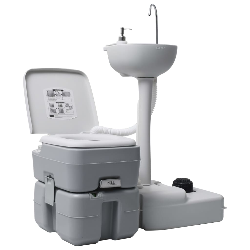 Portable Camping Toilet and Handwash Stand Set in Grey - Convenient & Hygienic Outdoor Solution