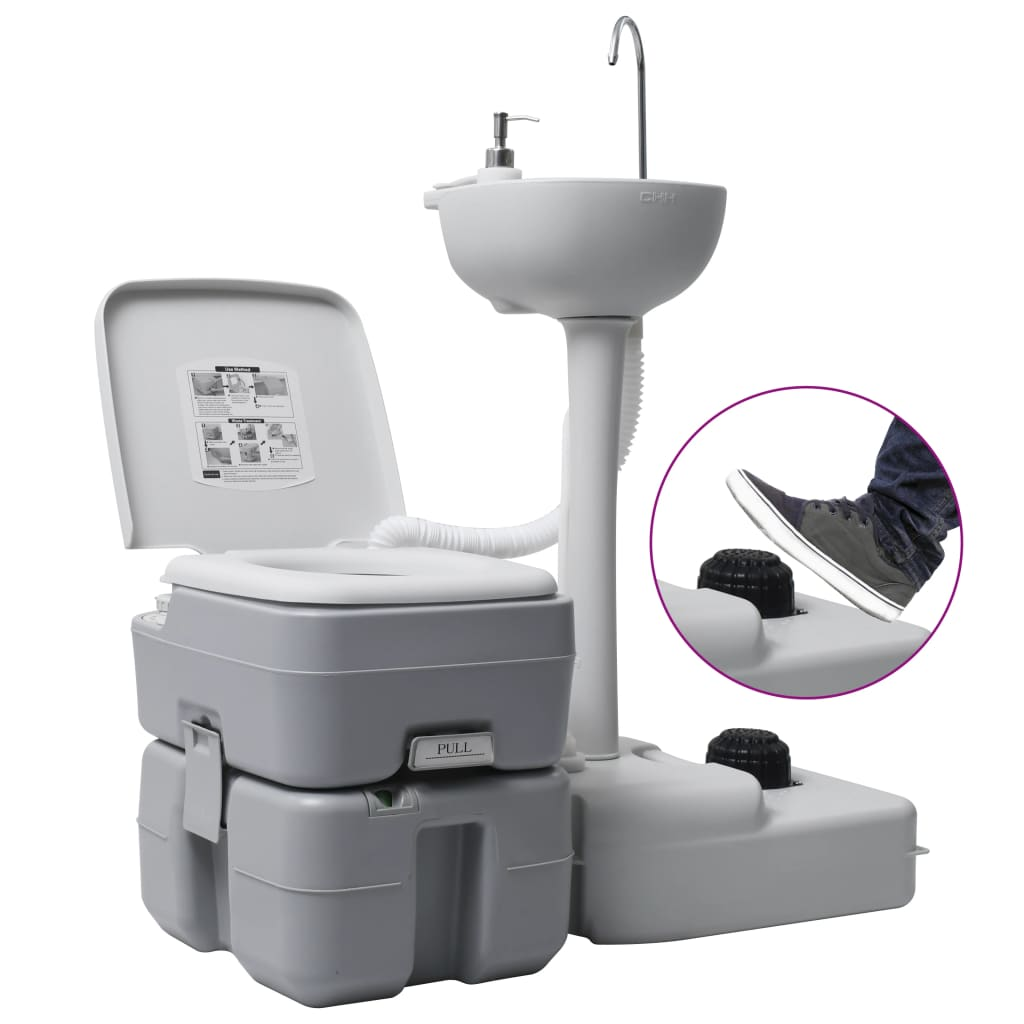 Portable Camping Toilet and Handwash Stand Set Grey