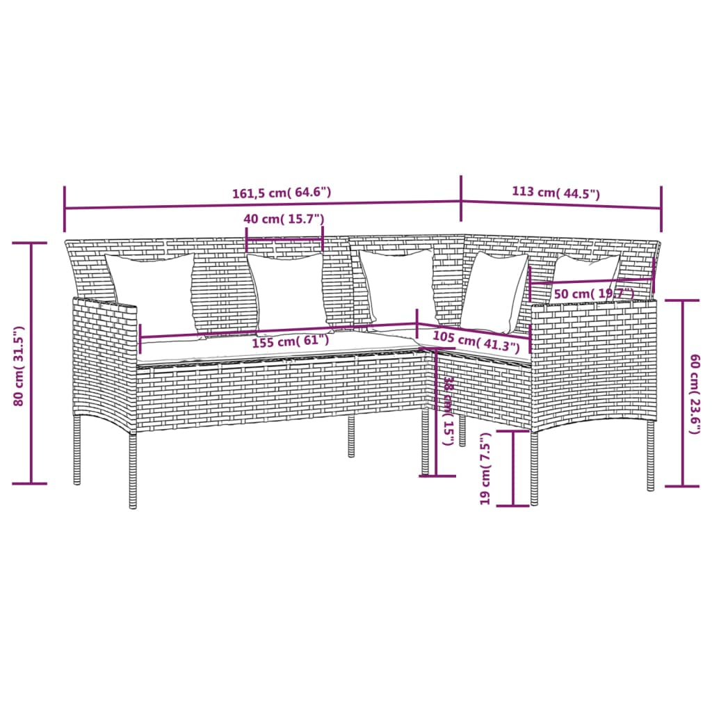 5 Piece L-shaped Couch Sofa Set with Cushions Poly Rattan Grey