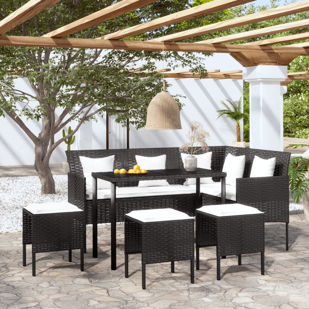 Elegant Poly Rattan 5-Piece L-shaped Couch Sofa Set with Cushions in Black - Modern Outdoor Furniture