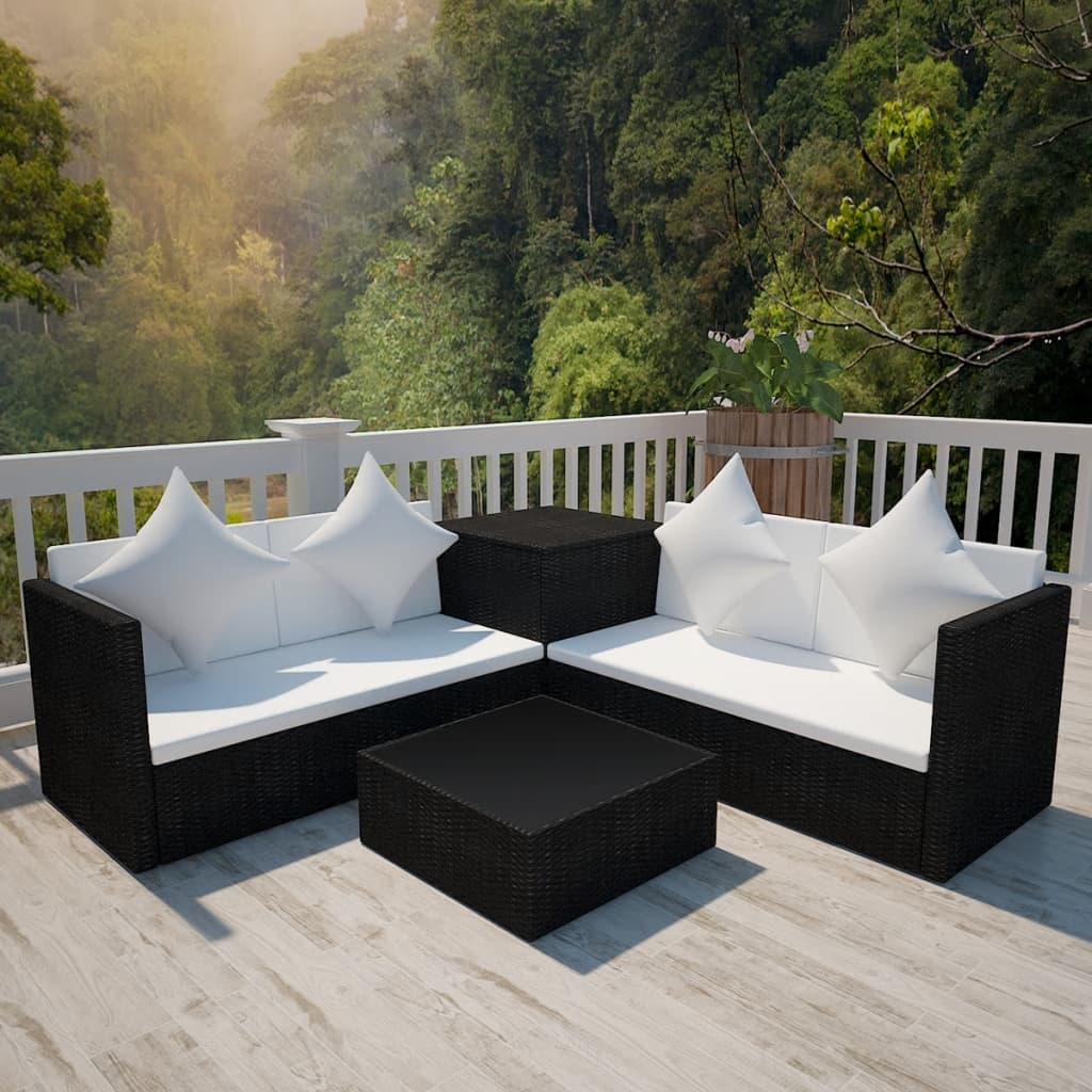 Stylish 4 Piece Garden Lounge Set with Cushions in Poly Rattan Black - Perfect for Outdoor Comfort