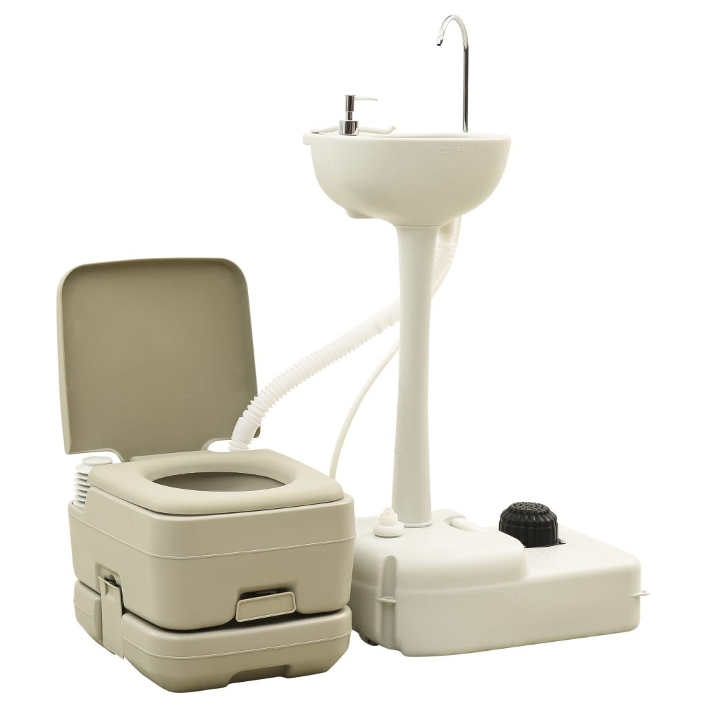 Portable Camping Toilet 10+10L and Handwash Stand 20L Set Grey - Ultimate Convenience for Outdoor Adventures