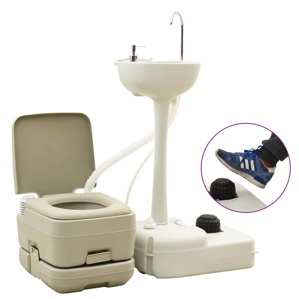 Portable Camping Toilet 10+10L and Handwash Stand 20L Set Grey