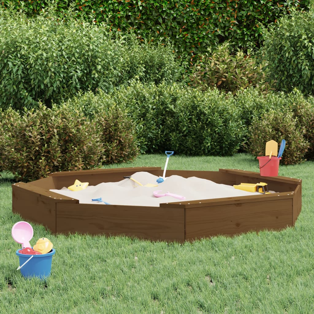 Honey Brown Octagon Sandbox with Seats - Solid Pine Wood | Perfect for Creative Outdoor Play