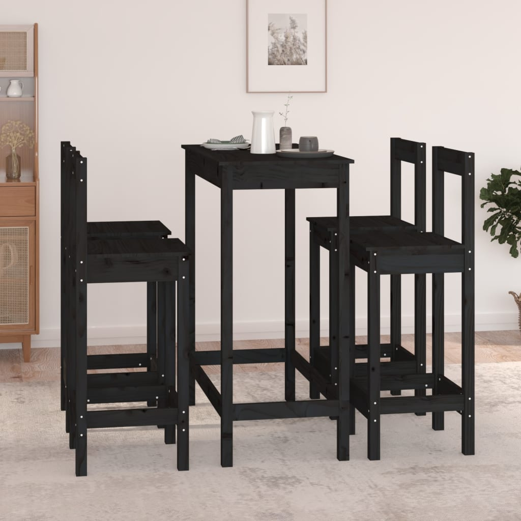 5 Piece Bar Set Black Solid Wood Pine