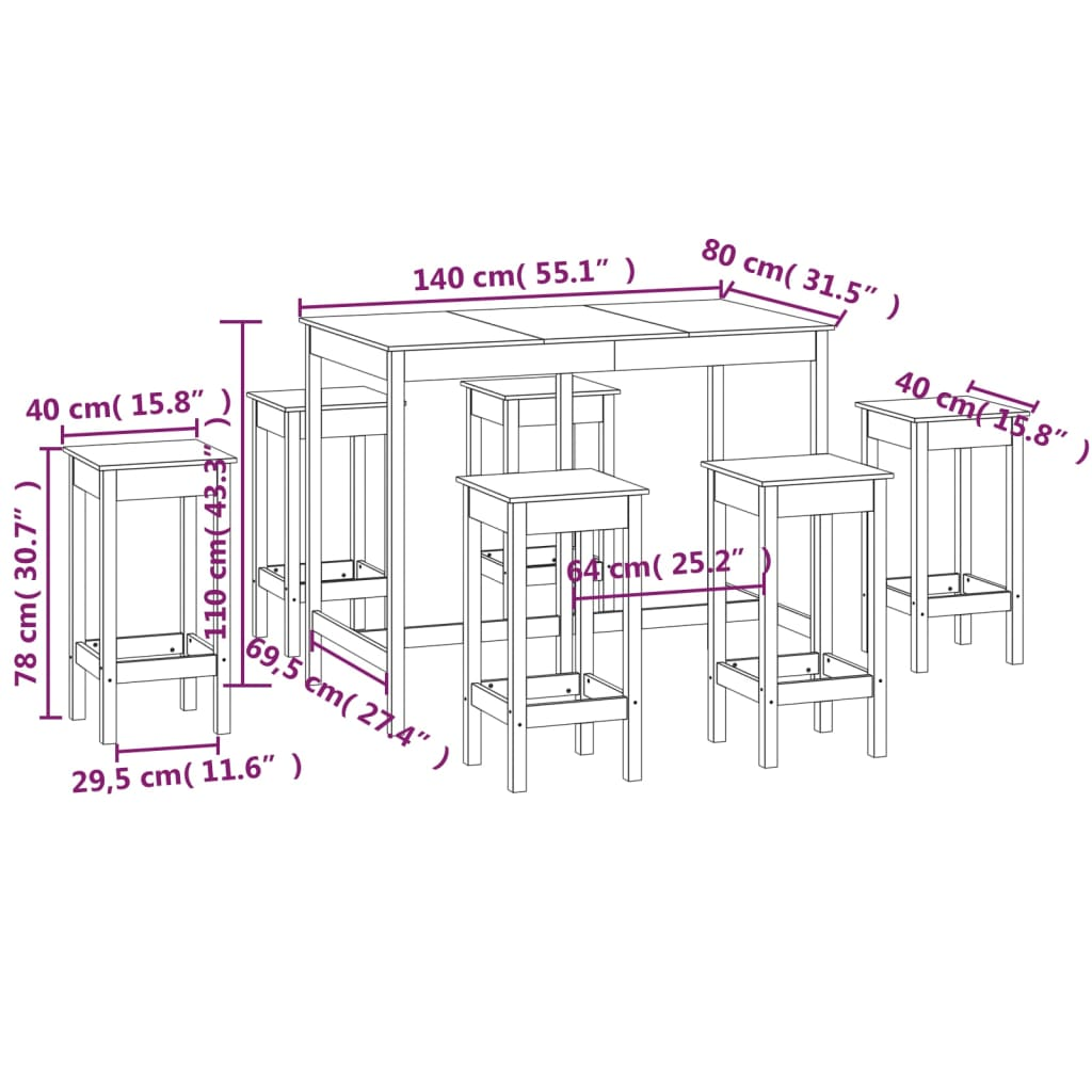 7 piece bar set solid wood pine